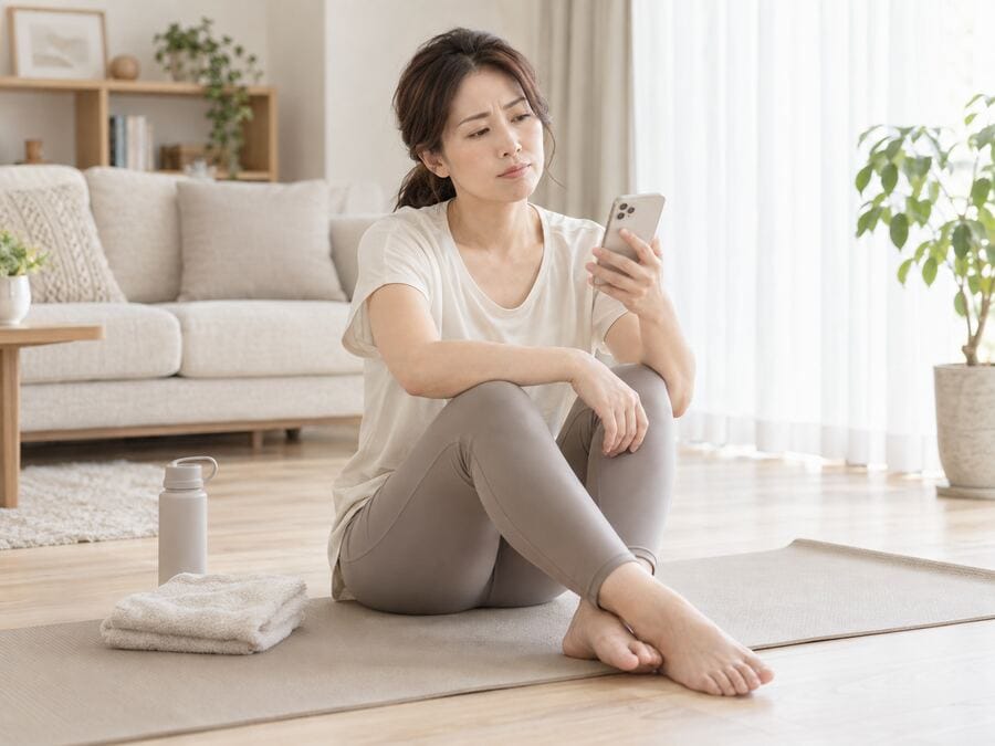 ヨガマットの上でスマートフォンを見て困っている女性